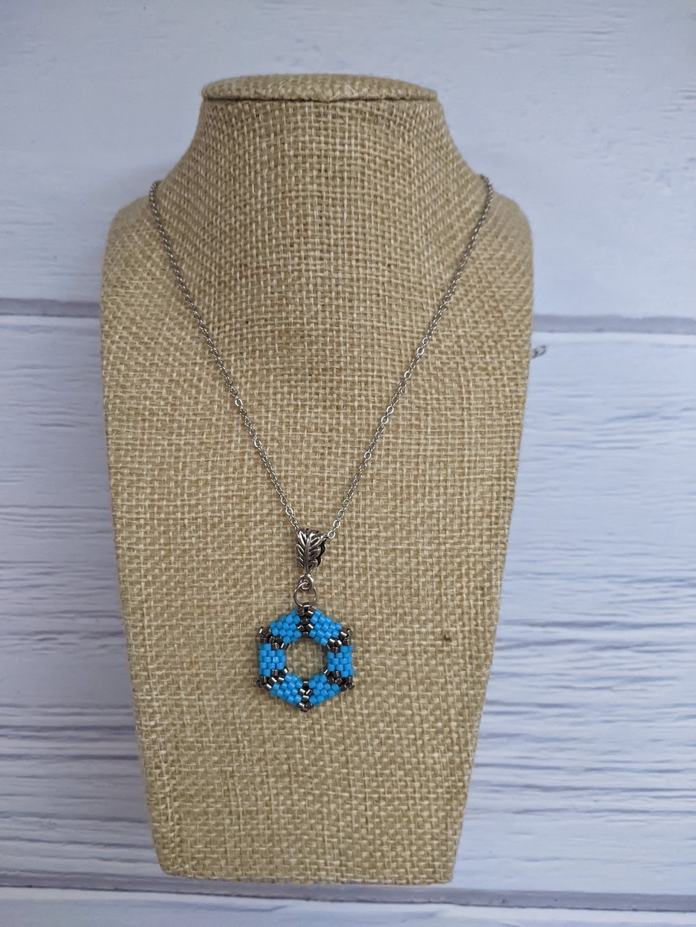 Turquoise Beaded Hexagon Pendant Necklace - Women's Silver Chain